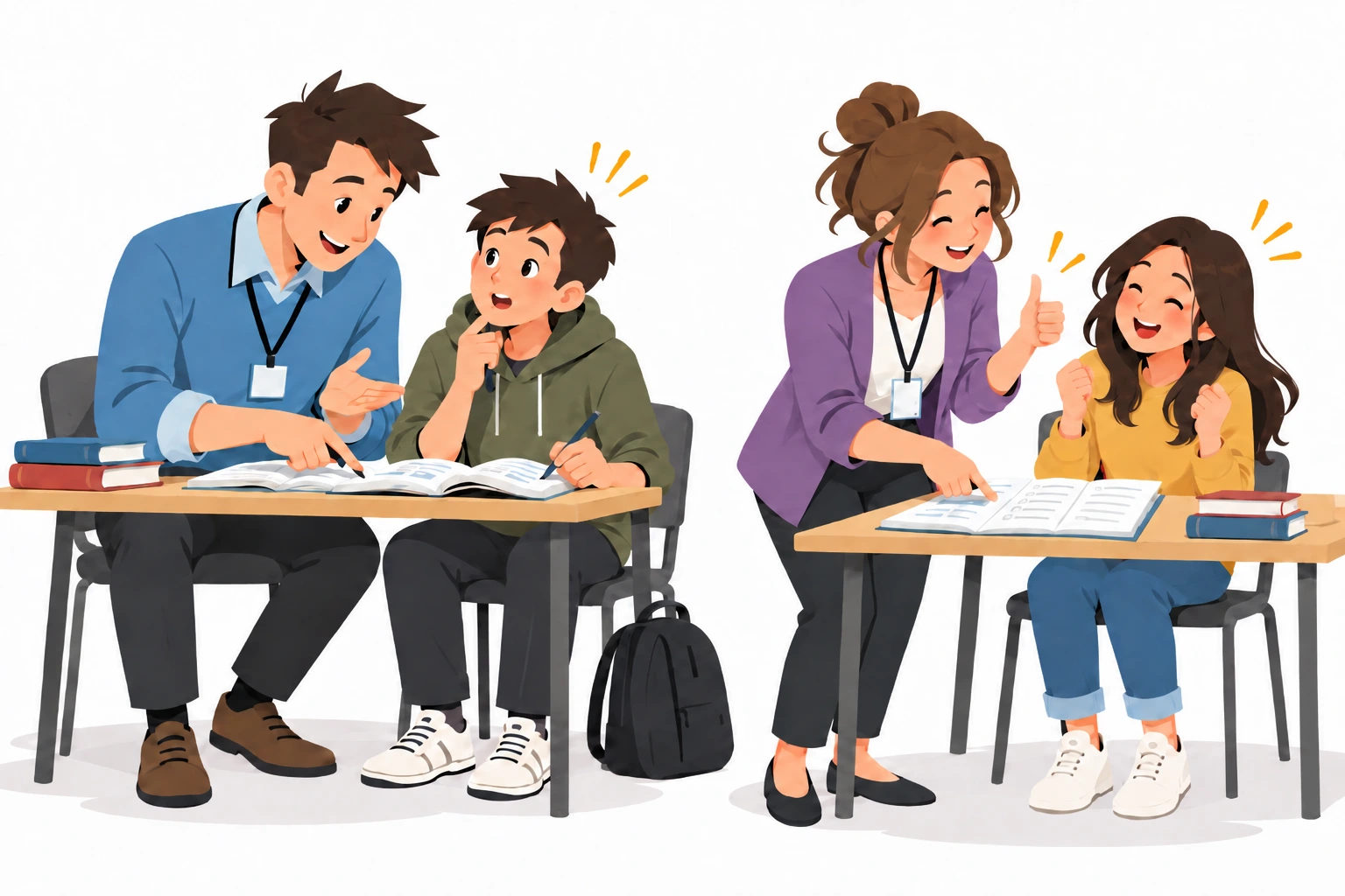 Four students sit around a table with open books and laptops, discussing their work.