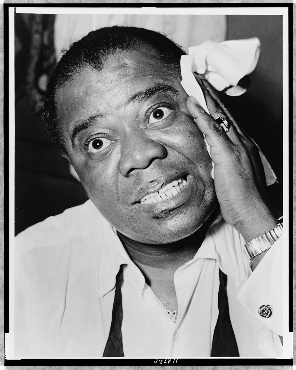 Black-and-white portrait of Louis Armstrong in 1953