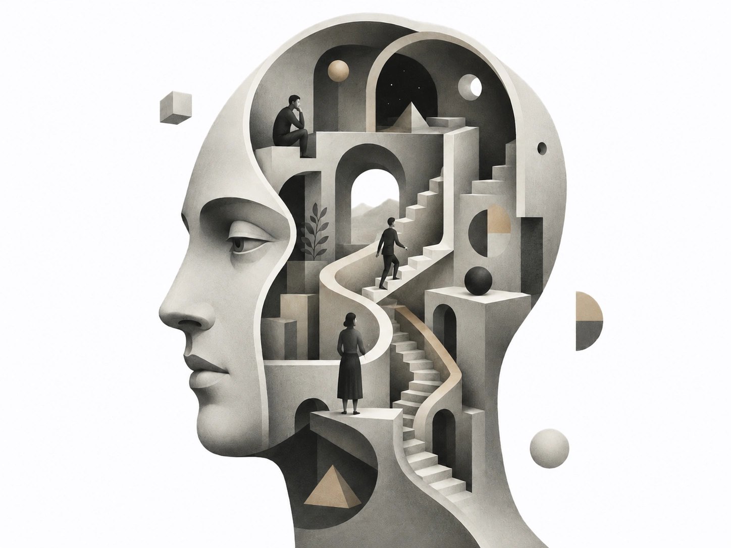 A surreal architectural portrait representing the many layers of personality