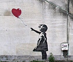 Banksy’s Girl with Balloon, representing the anonymous artist through his work rather than an unverified portrait